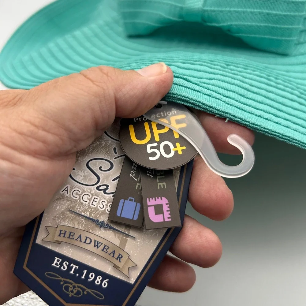 Sun N Sand Turquoise Teal Wide Brim Sun Hat UPF 50+ Packable Bow HH1482 G NEW
